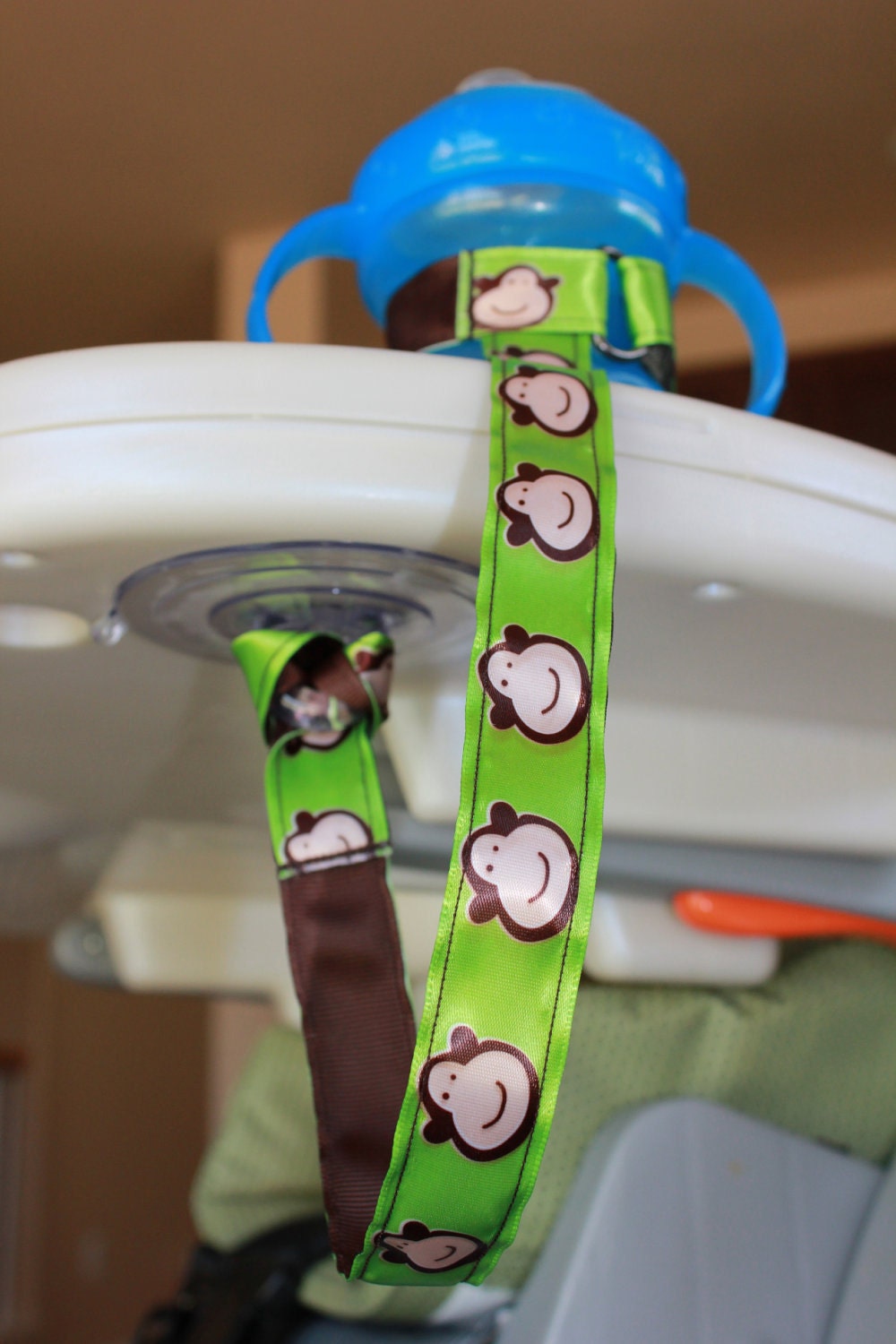Bottle Tether, Toy Tether, Sippy Strap with Suction Cup-Monkey Print