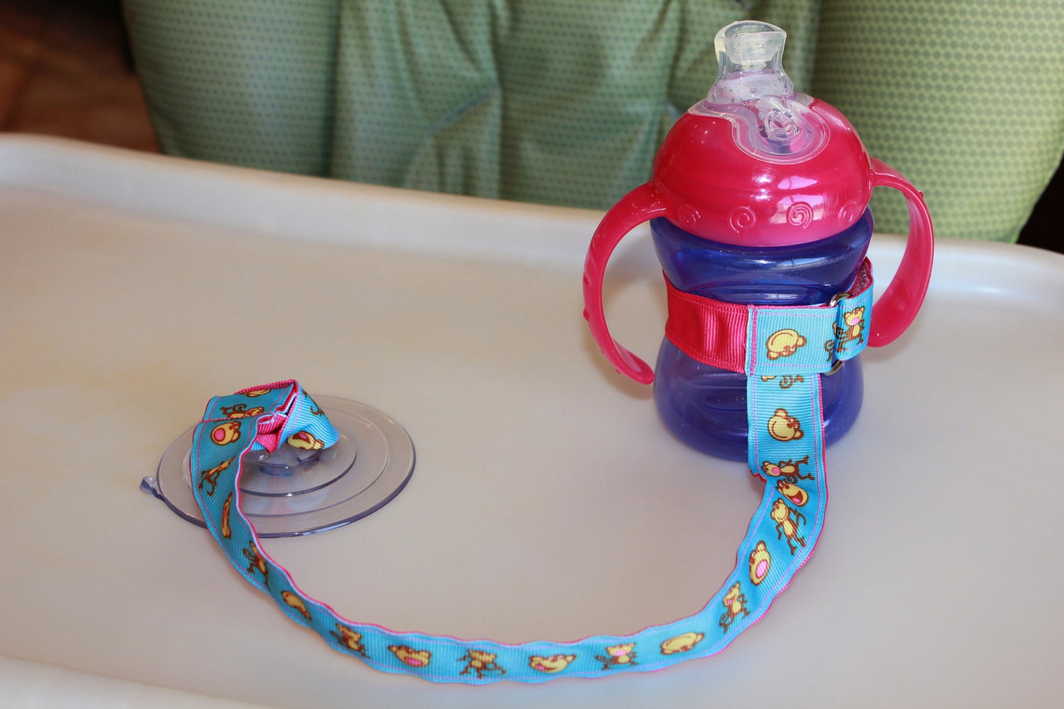 Bottle Tether, Toy Tether, Sippy Strap with Suction Cup- Blue Monkey