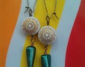 Vintage Lucite Gold Flower Earrings with Green Beaded Drop on Short Brass Kidney-Shaped Earwires