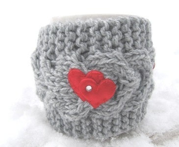 Red heart Mug Cozy, Tea Cup Cosy, Mug Warmer knitted, grey color - Gift for Mom