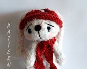 Pastel white rabbit in a red hat and scarf - knitting pattern (knitted round)