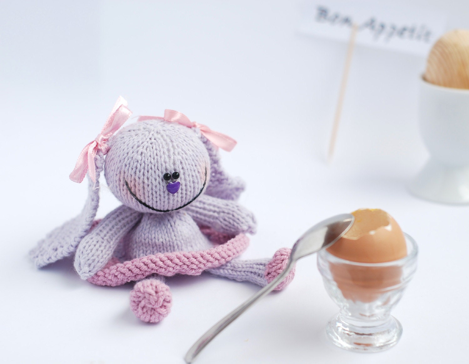 Lilac Bunny for keeping warm breakfast egg  - knitting pattern