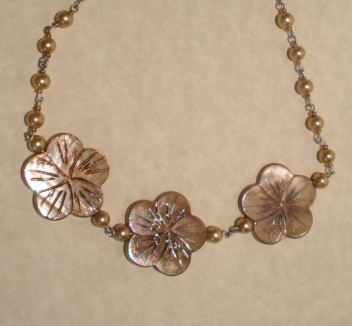 Carved Flowers in Black Lip Shell w/ Wire Wrapped  Glass Pearls