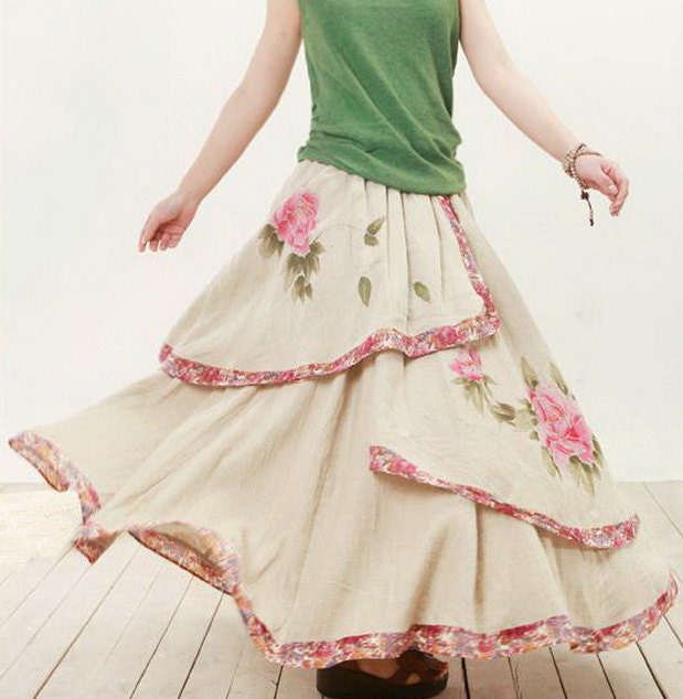 Hand Painting Peony Linen Skirt