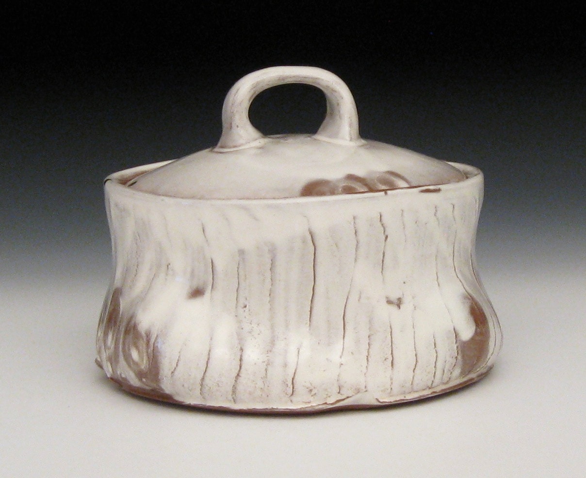 terra cotta white slipped lidded bowl casserole dish