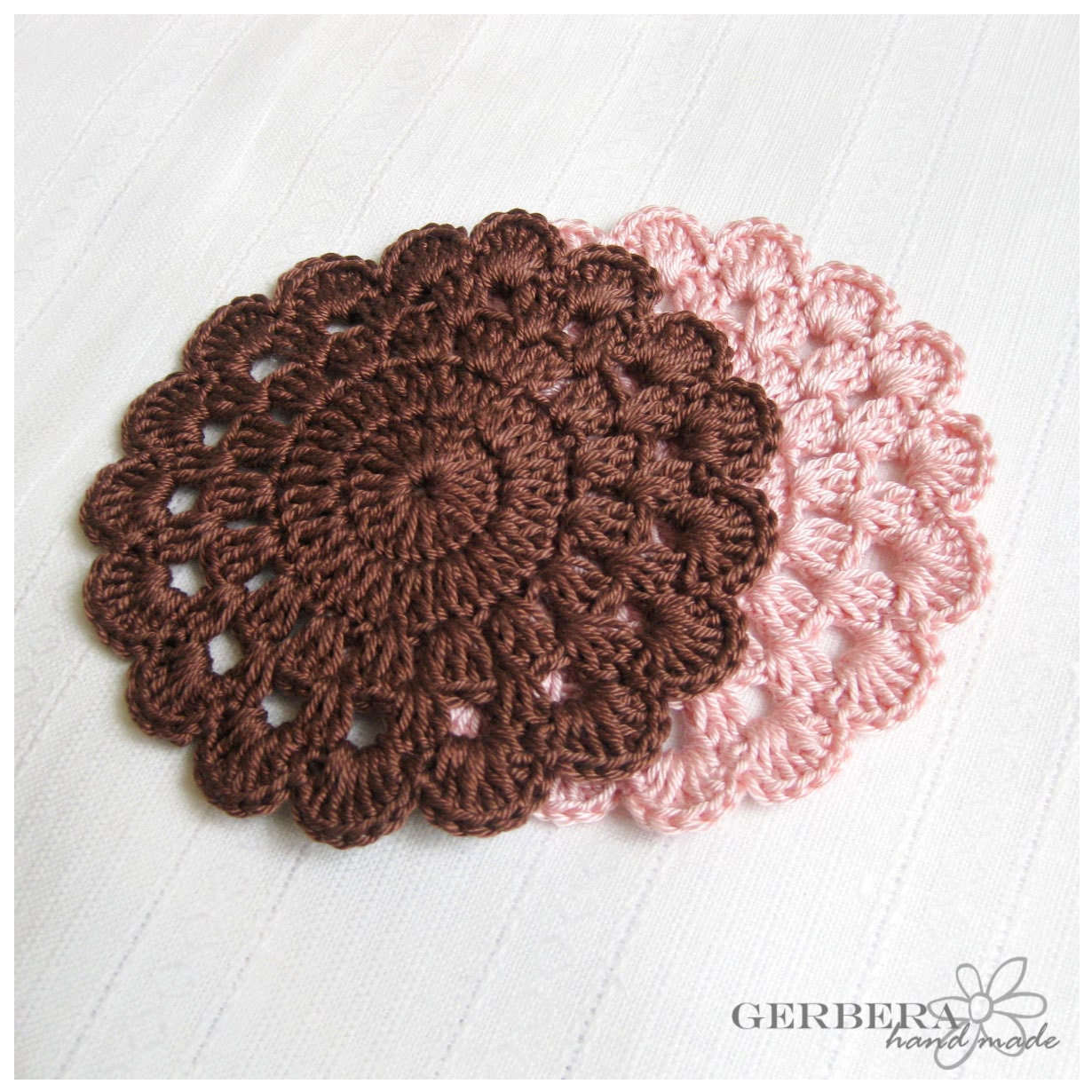 Rose Crochet Coasters/Doilies of natural color Set of 6 - Chocolate and dusty rose - cotton 10 cm 4" READY TO SHIP