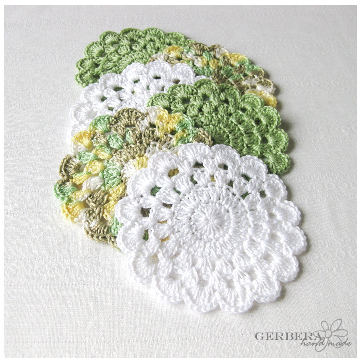 Vintage Crochet Coasters/Doilies of natural color Set of 9 - white green and green melange color - cotton 4" 10cm READY TO SHIP