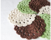 Vintage Crochet Coasters/Doilies of natural color Set of 6 - beige chocolate green color - cotton 4" 10cm READY TO SHIP