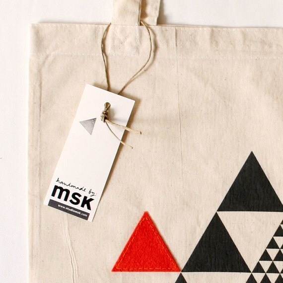 Form Follows the Rules of Geometry: Equilateral Triangles Composition with accents in orange // canvas tote, handmade, screenprint