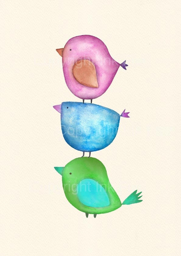 Nursery art print Watercolor Birds wall decor. Image fits 8x10 frame opening. Nursery art wall decor bird illustration.