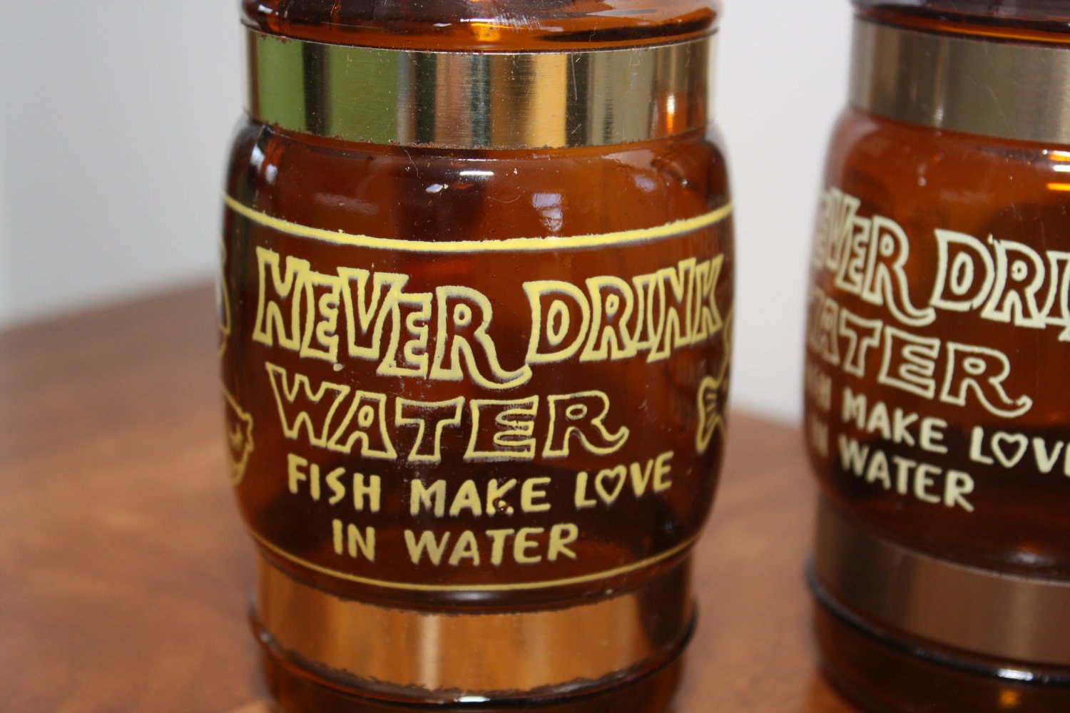 Vintage 'Never Drink Water' Amber Glass Wooden Handle Beer Stein - Set of 2