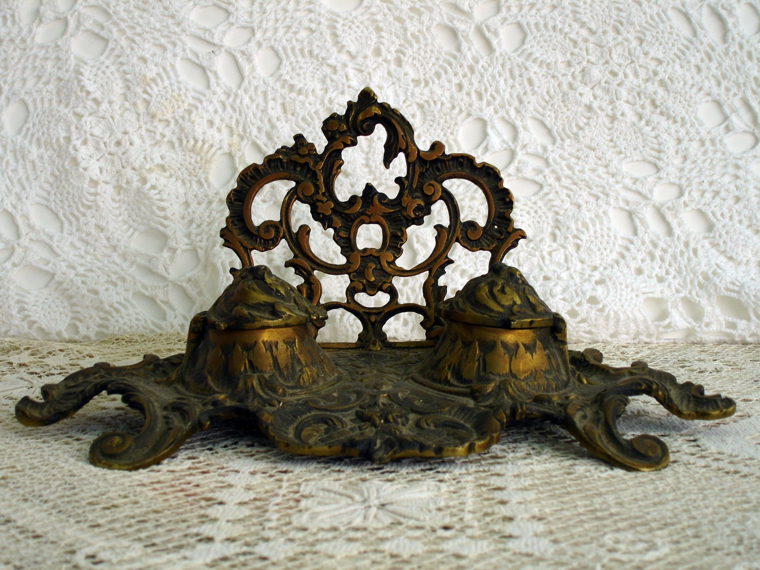 Antique Ink Well, Ornate Brass - AttiqueBoutique