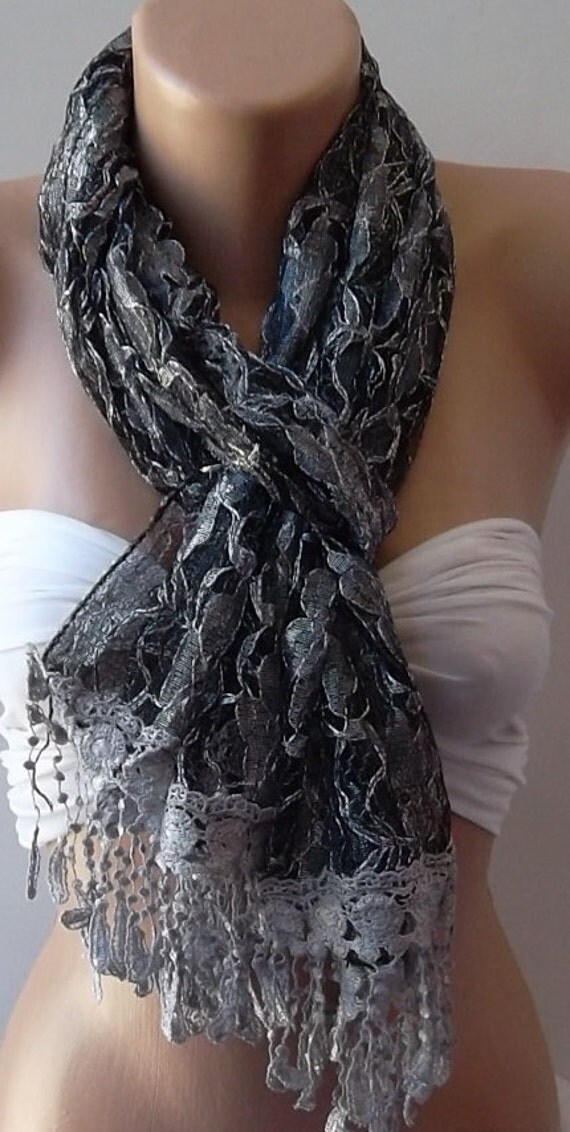 Grey - Elegance Shawl / Scarf with Lacy Edge