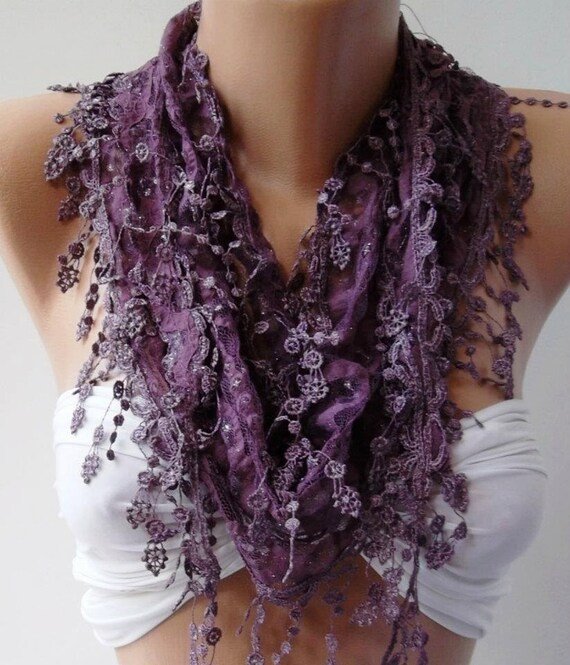 Reserved for Cathleen.Purple - Elegance  Shawl / Scarf with Lacy Edge