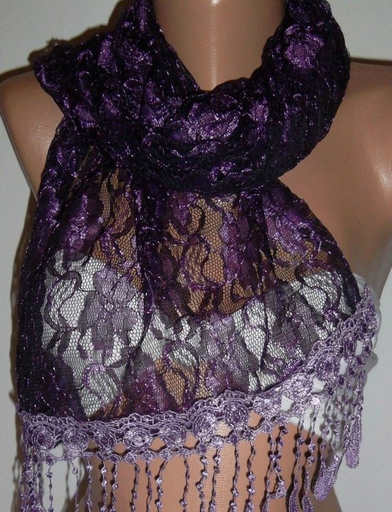 Purple - Elegance  Shawl / Scarf with Lacy Edge