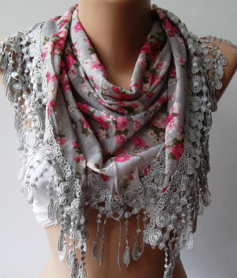 Grey - flowered - Elegance  Shawl / Scarf with Lacy Edge