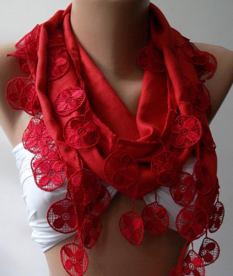 Red - Pashmina and Elegance Shawl / Scarf with Lace Edge