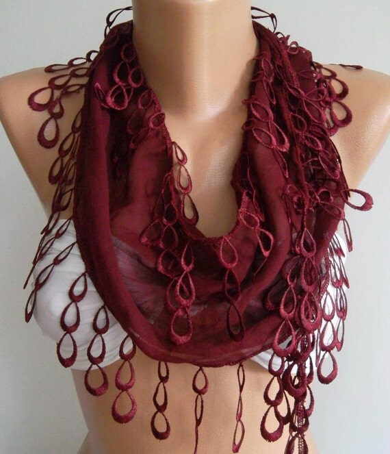 Burgundy and Elegance Scarf with Lacy Edge
