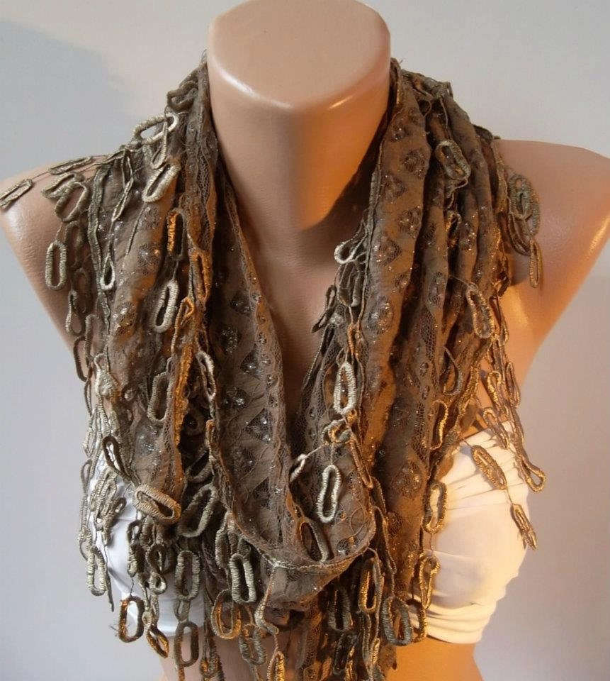 Brown lace and Elegance Shawl / Scarf - with Lace Edge