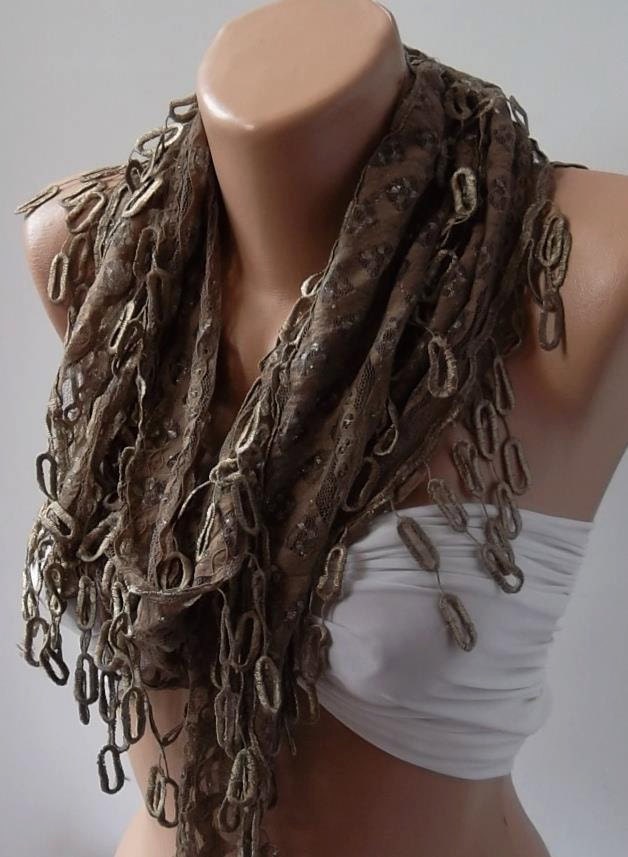 Brown lace and Elegance Shawl / Scarf - with Lace Edge