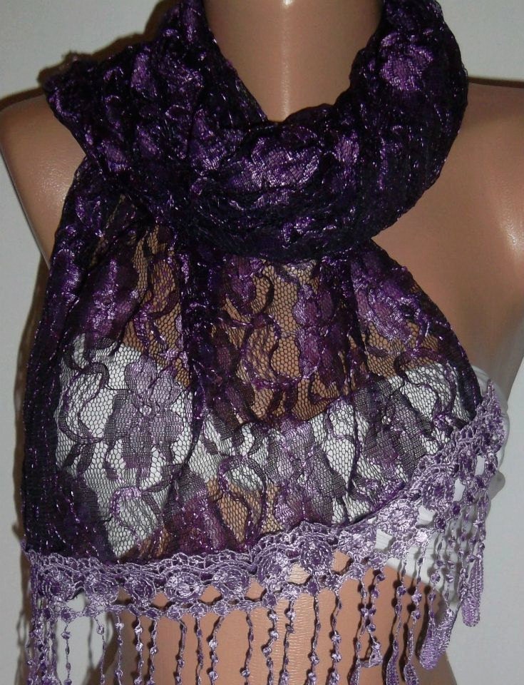 Purple - Elegance  Shawl / Scarf with Lacy Edge
