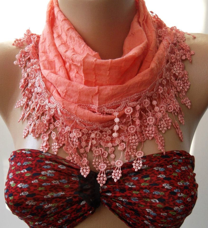 Salmon Pink - Elegance Shawl / Scarf with Lace Edge