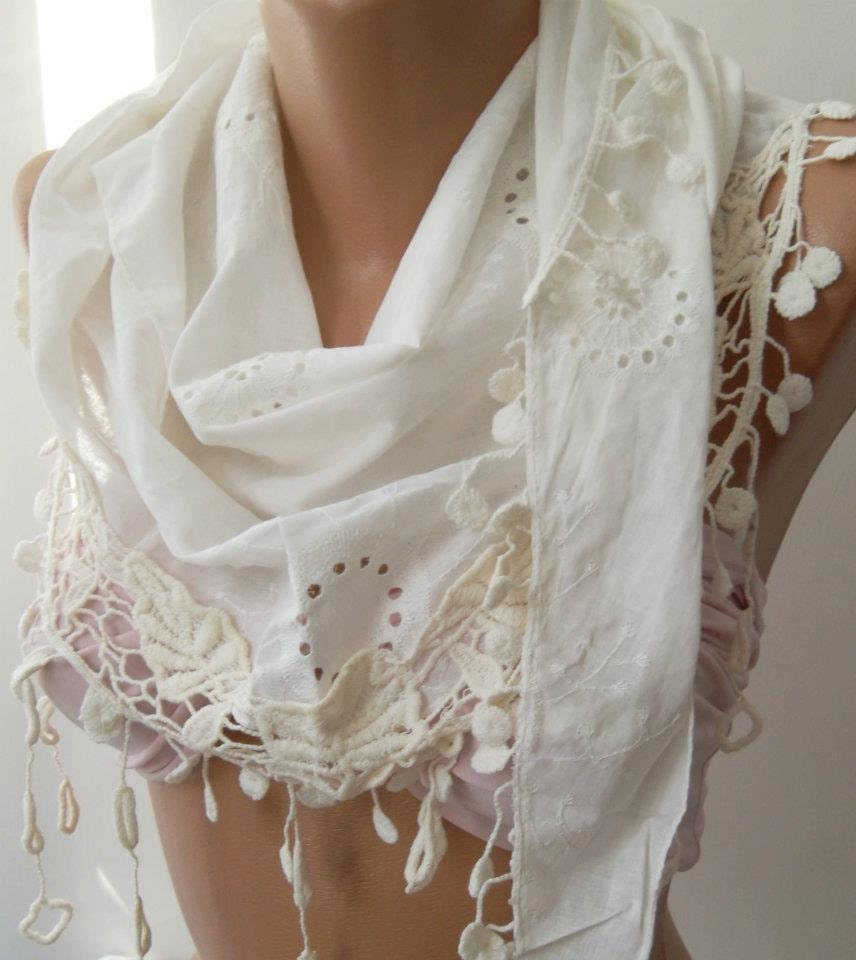 White -- Elegance Shawl / Scarf with Lace Edge,,,,