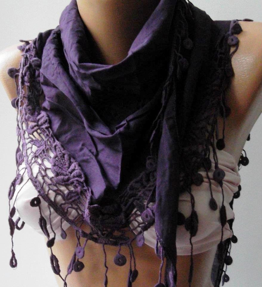 Purple - Elegance Shawl / Scarf with Lace Edge