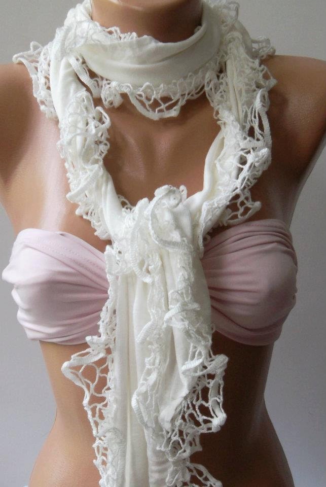 White - Elegance Shawl / Scarf with Lace Edge