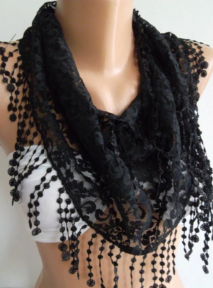 Black - lace and Elegance Shawl / Scarf - with Lace Edge