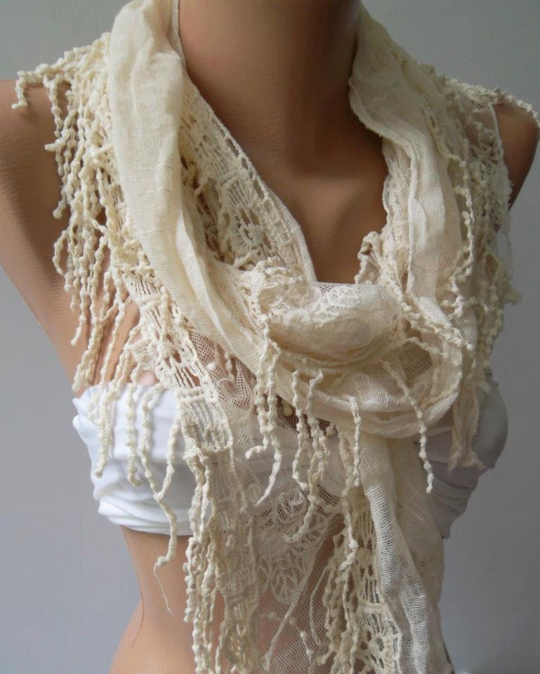 Creamy Fantastic Scarf - Elegance  Scarf  with Lace Edge trendscarf Mother's day
