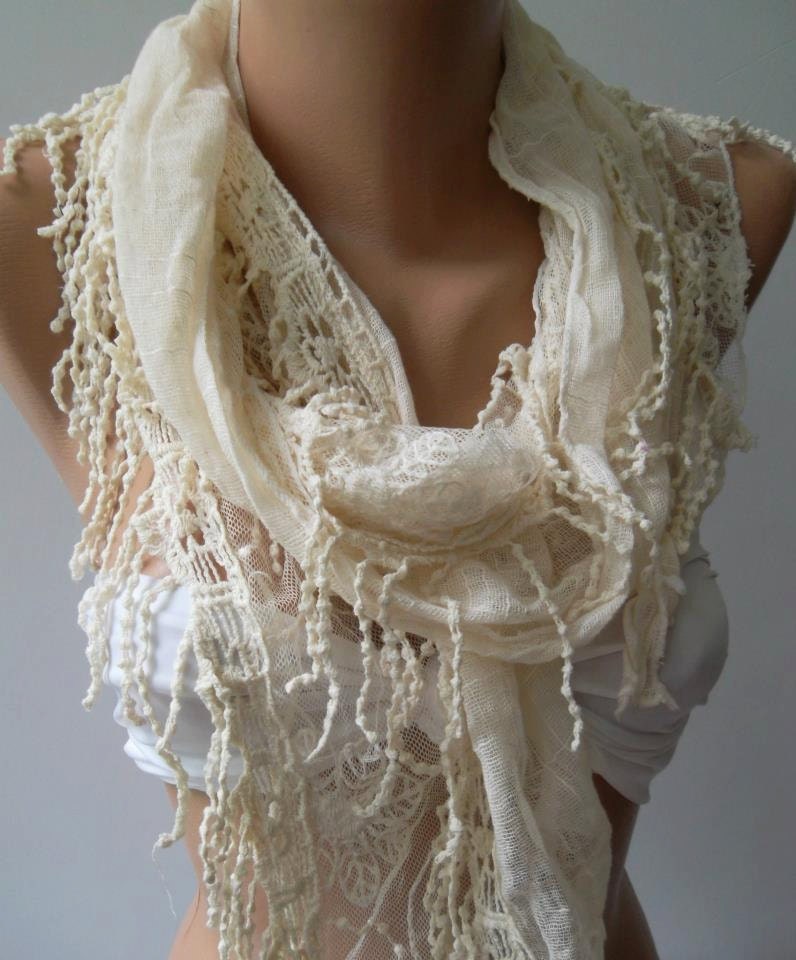 Creamy Fantastic Scarf - Elegance  Scarf  with Lace Edge trendscarf Mother's day