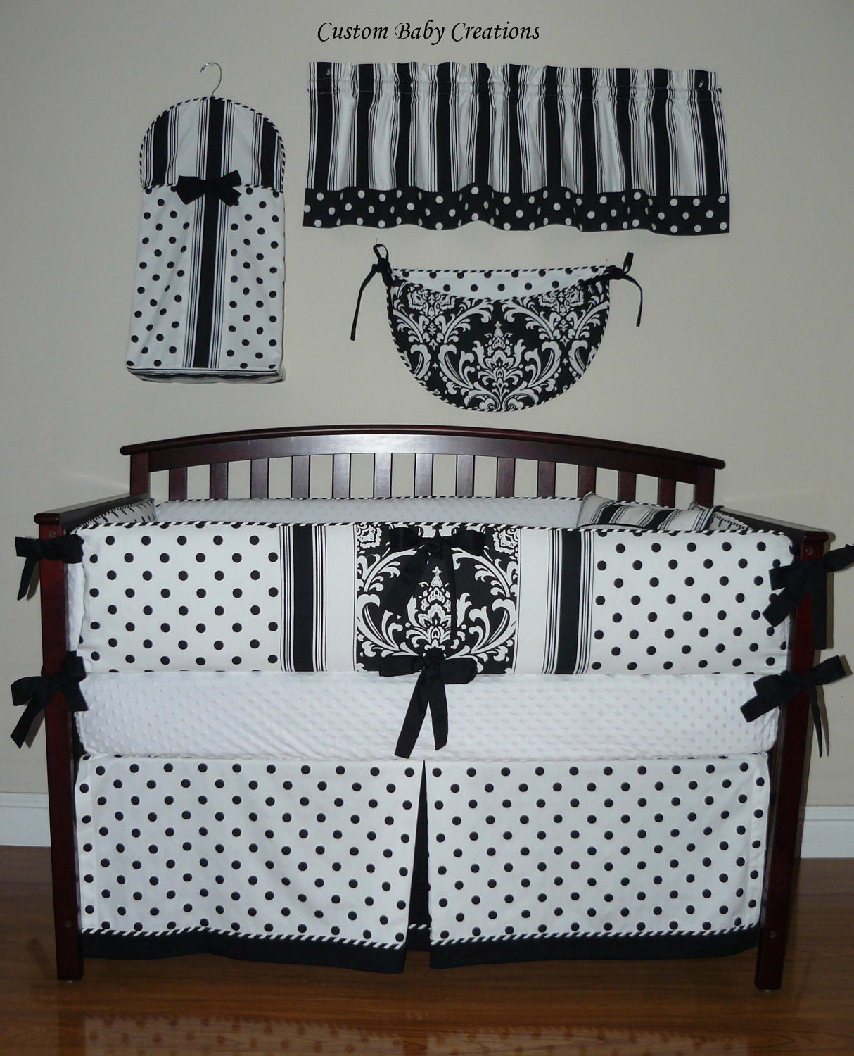 Custom Crib  Baby Bedding 5pc. Set , Black and White ,  Pearl Collection.