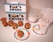 Polymer Clay mini Cheeseburgers and Cupcakes set with napkins and paper plates - Play or Hitty Scale "Party In A Box" -by TES-