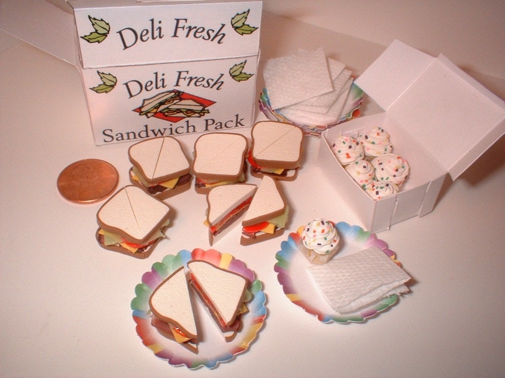 Polymer Clay mini Sandwiches and Cupcakes set with paper plates and napkins - Play or Hitty Scale "Party In A Box" -by TES-