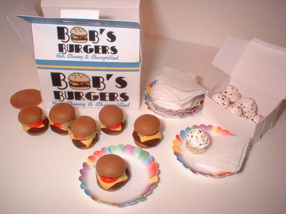Polymer Clay mini Cheeseburgers and Cupcakes set with napkins and paper plates - Play or Hitty Scale "Party In A Box" -by TES-