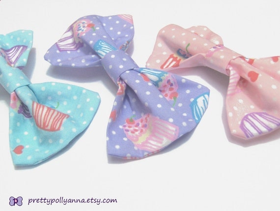 Kawaii / Sweet Lolita / Fairy Kei Pastel Cupcake Print Fabric Bow Alligator Hair Clip - Set of 3