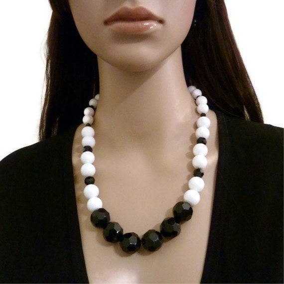 Faceted Glass - Glass Necklace -  White Mountain Jade Necklace - Black and White - Beaded Necklace