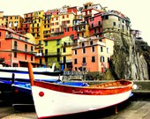 Manarola. Cinqueterre, Italy. Colorful Buildings. Fishing Boats. 8"x10" Photograph. Rainbow. Other Sizes Available. Travel Photography.