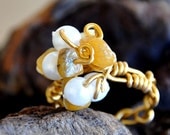 SAND - Wire Wrapped Aluminum Gold Color Semiprecious Stone Chips Yellow Honey Pearl Ring
