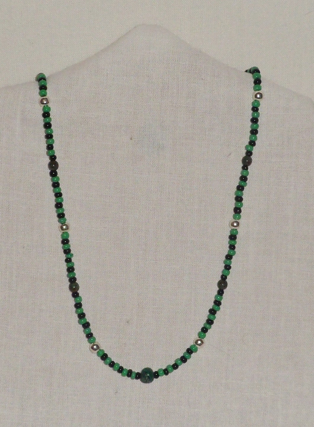 Necklace of green & black Czech glass beads, malachite beads and silver beads