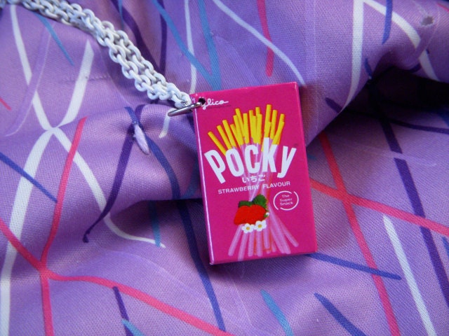 Pink strawberry pocky box charm necklace