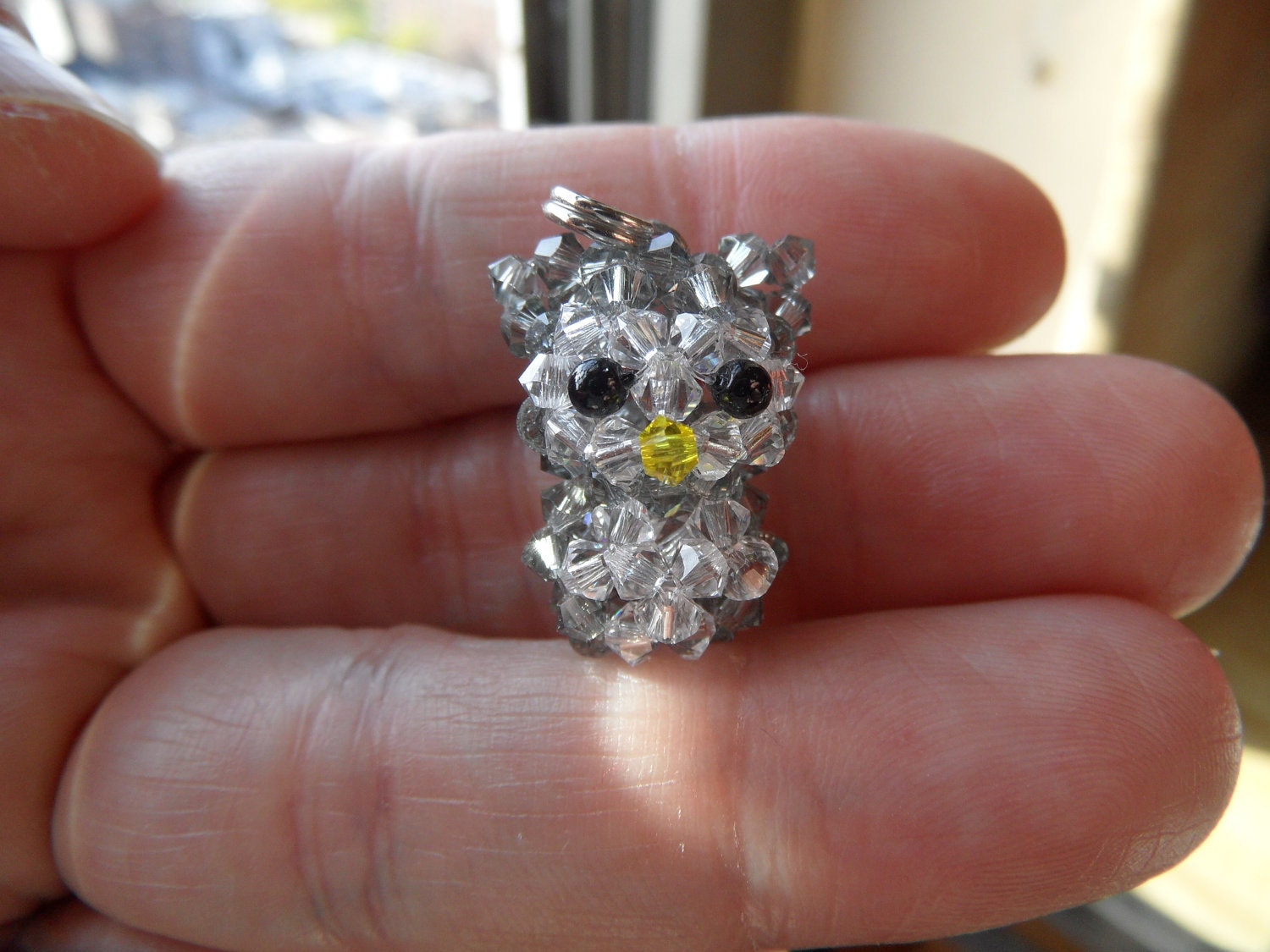 Miniature Black Diamond Owl - Swarovski Crystal Beaded Pendant Top / Cell Phone Charm