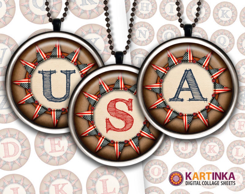 4th Fourth of JULY PATRIOTIC ABC 1 inch and 1.5 inch Circles Digital Collage Sheet Printable Download for Pendants Magnets Instant Download