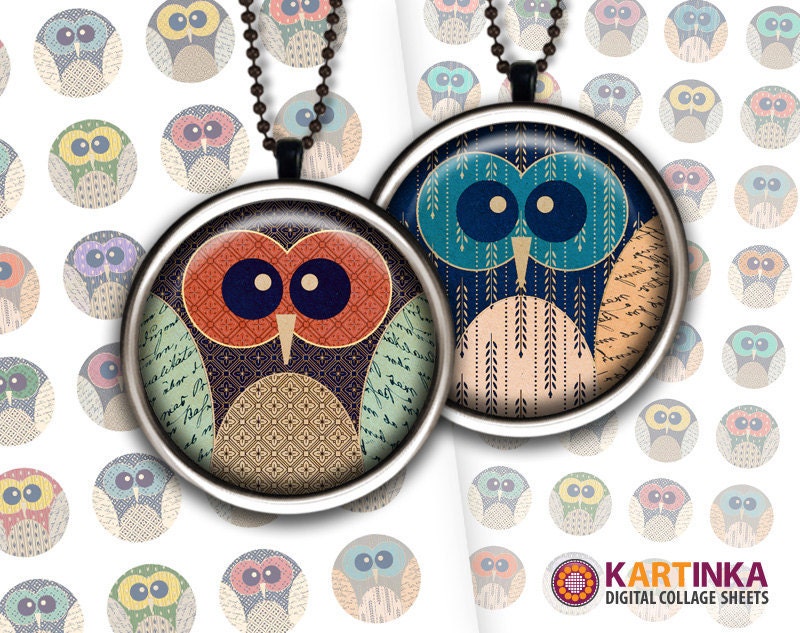 SUMMER OWLS - 1 inch and 1.5 inch circles Digital Collage Sheet Printable Download for pendants magnets Instant Download