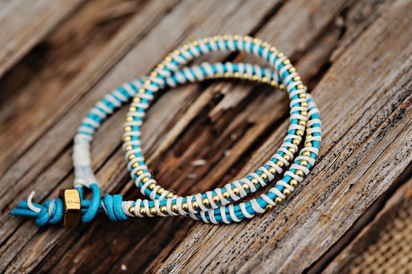 DOUBLE Gold beaded chain wrap bracelet: Leather/cord color-TURQUOISE / CREAM