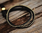 DOUBLE Gold beaded chain wrap bracelet: Leather/cord color- BLACK / BLACK