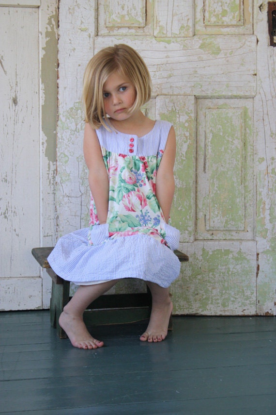 Sale Toddler Girls Summer Dress 100% Cotton - Cream, Pink, Red, and Green Rose Garden Floral with Blue Menswear Stripe