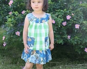 Sale Toddler Girls Spring Dress  - Green Gingham Plaid, Blue Rose Garden Floral -