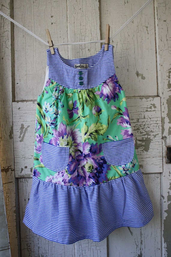 Sale Toddler Girls Summer Dress 100% Cotton - Amy Butler Green Pruple and Yellow Floral Fabric with Blue stripe.